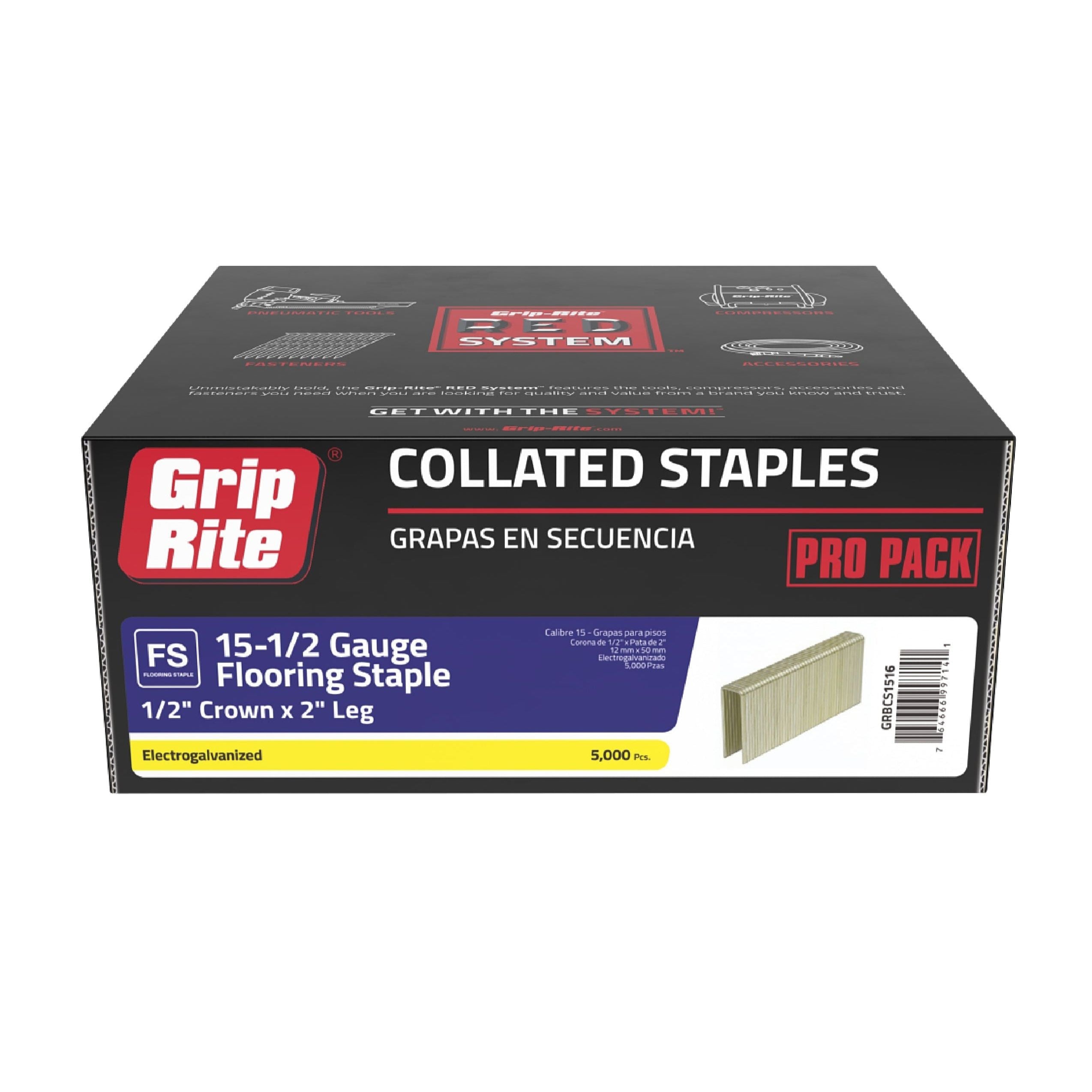 Image of a GRIP-RITE GRBCS1516 Pro Pack showing 5,000 15-gauge electro-galvanized flooring staples with a 1/2 crown and 2 leg.